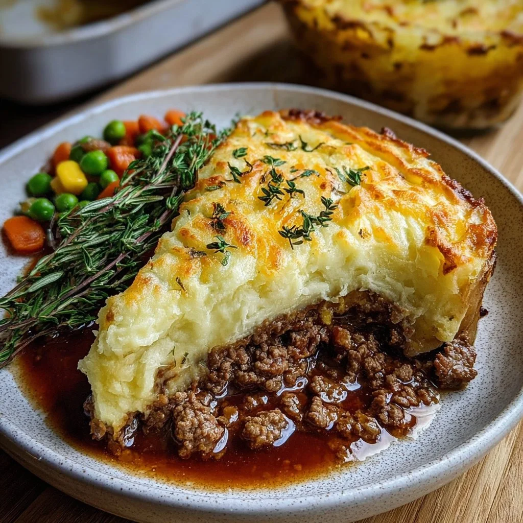 Deliciously baked Guinness Shepherd's Pie topped with creamy mashed potatoes.