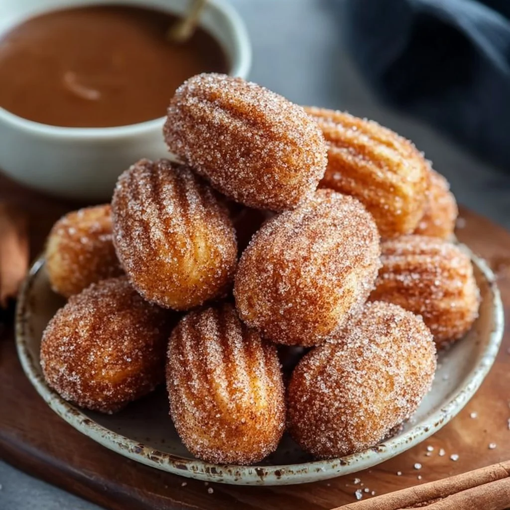 Healthy baked churro bites sprinkled with cinnamon sugar on a wooden plate