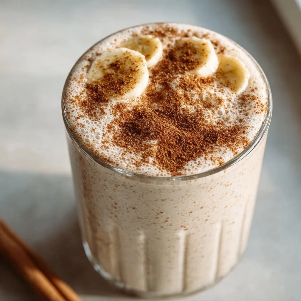 Healthy cinnamon roll protein shake made with natural ingredients.
