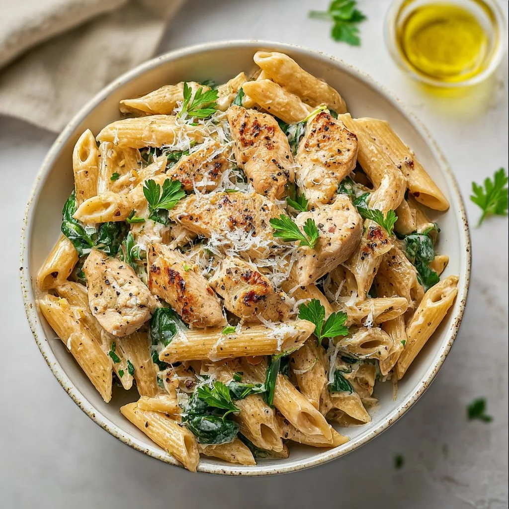 Healthy garlic parmesan chicken pasta served on a plate with herbs