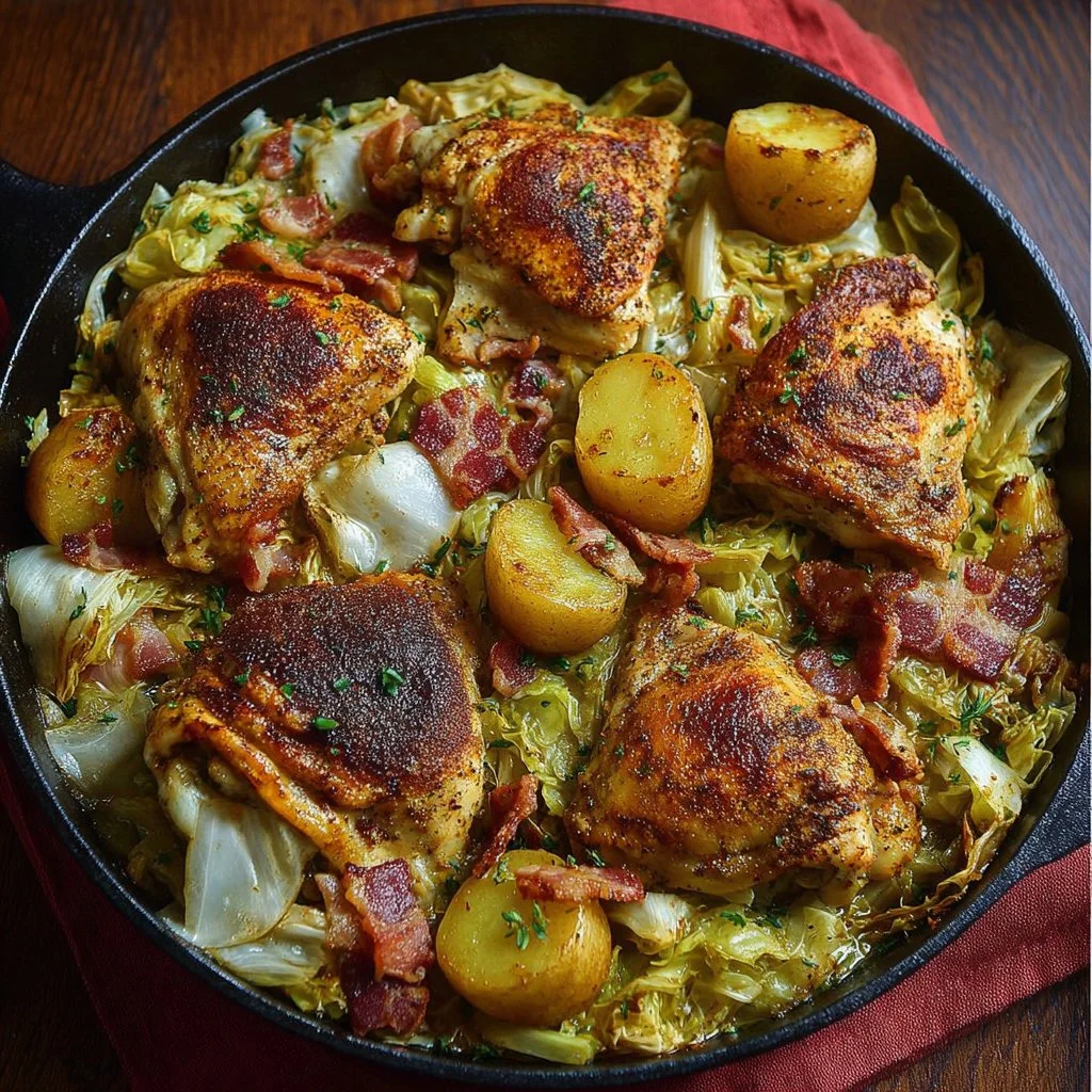 Irish Chicken with cabbage, potatoes, bacon, and onions in a rustic setting.