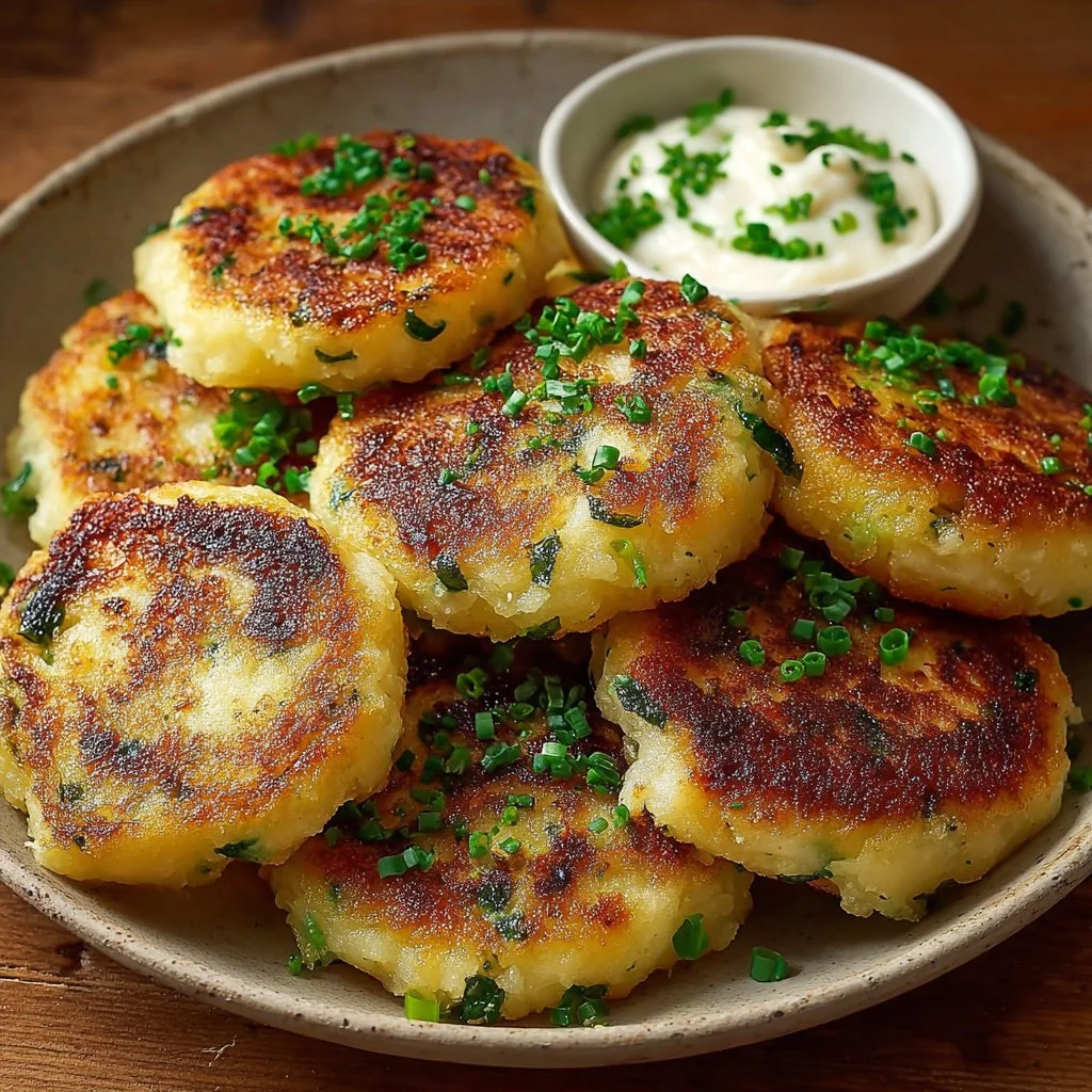 Plate of crispy Irish Potato Cakes garnished with herbs