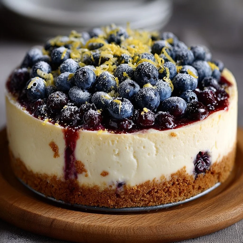 Delicious Lemon Blueberry Cheesecake topped with fresh blueberries and lemon zest