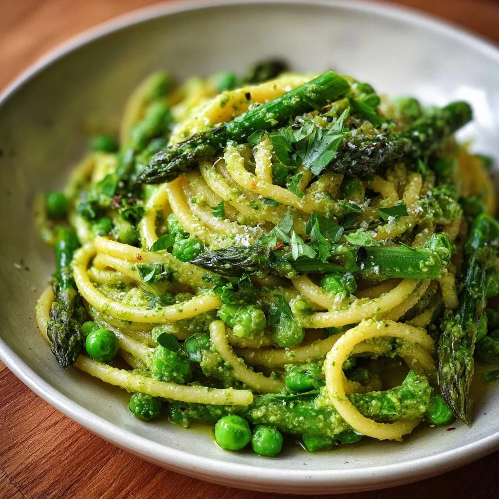 Lemony asparagus and pea pesto served in a bowl with fresh ingredients