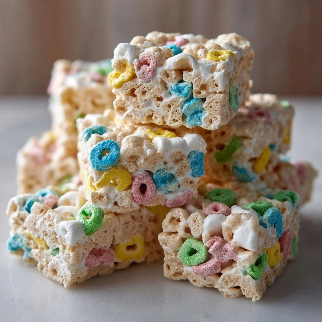 Lucky Charms marshmallow treats made with cereal and marshmallows.