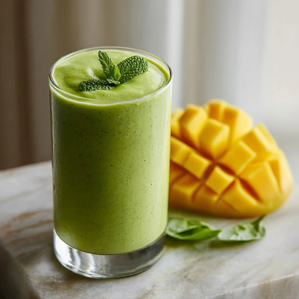 Mango Green Protein Smoothie in a glass with fresh ingredients around it