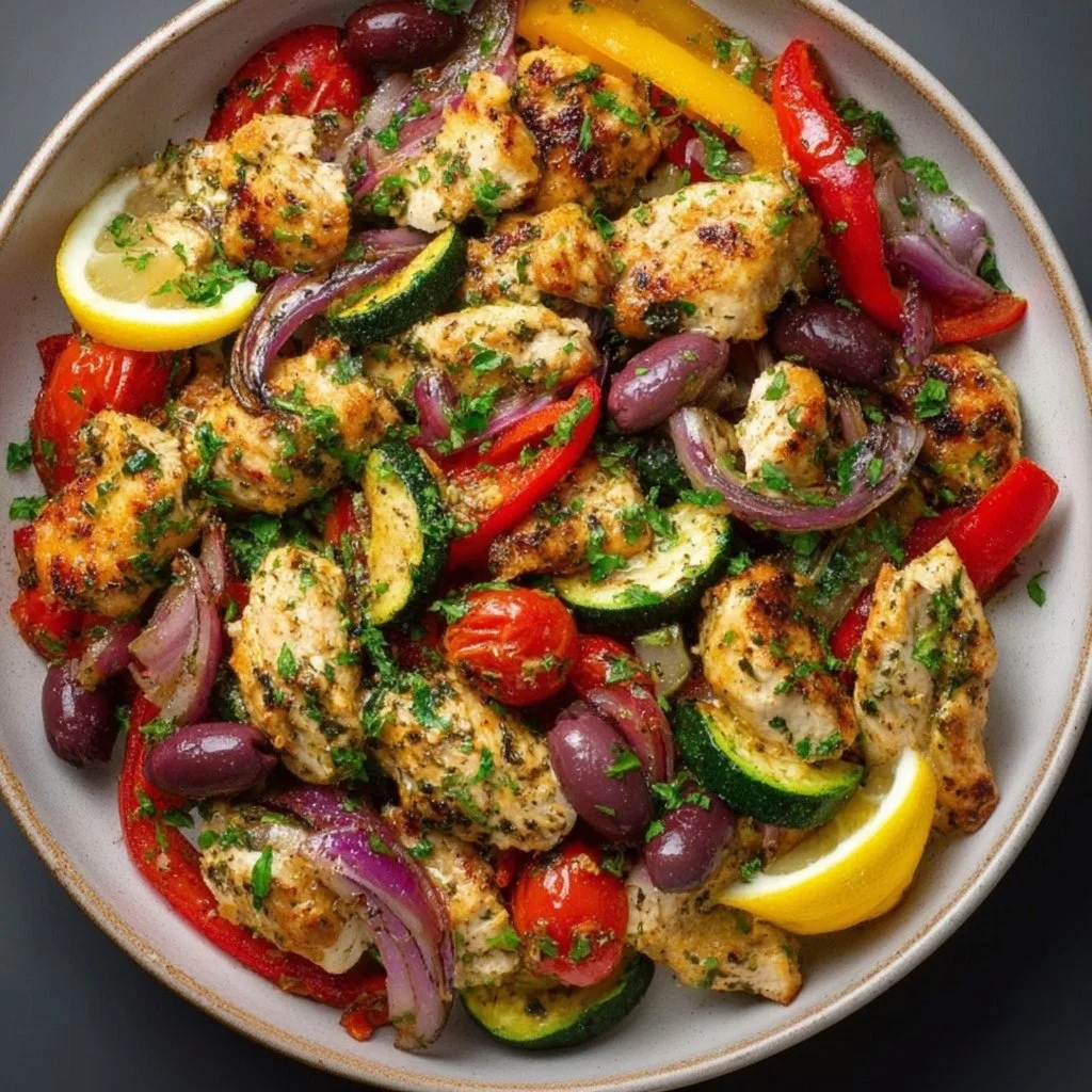 Mediterranean Chicken Stir Fry with colorful vegetables in a skillet