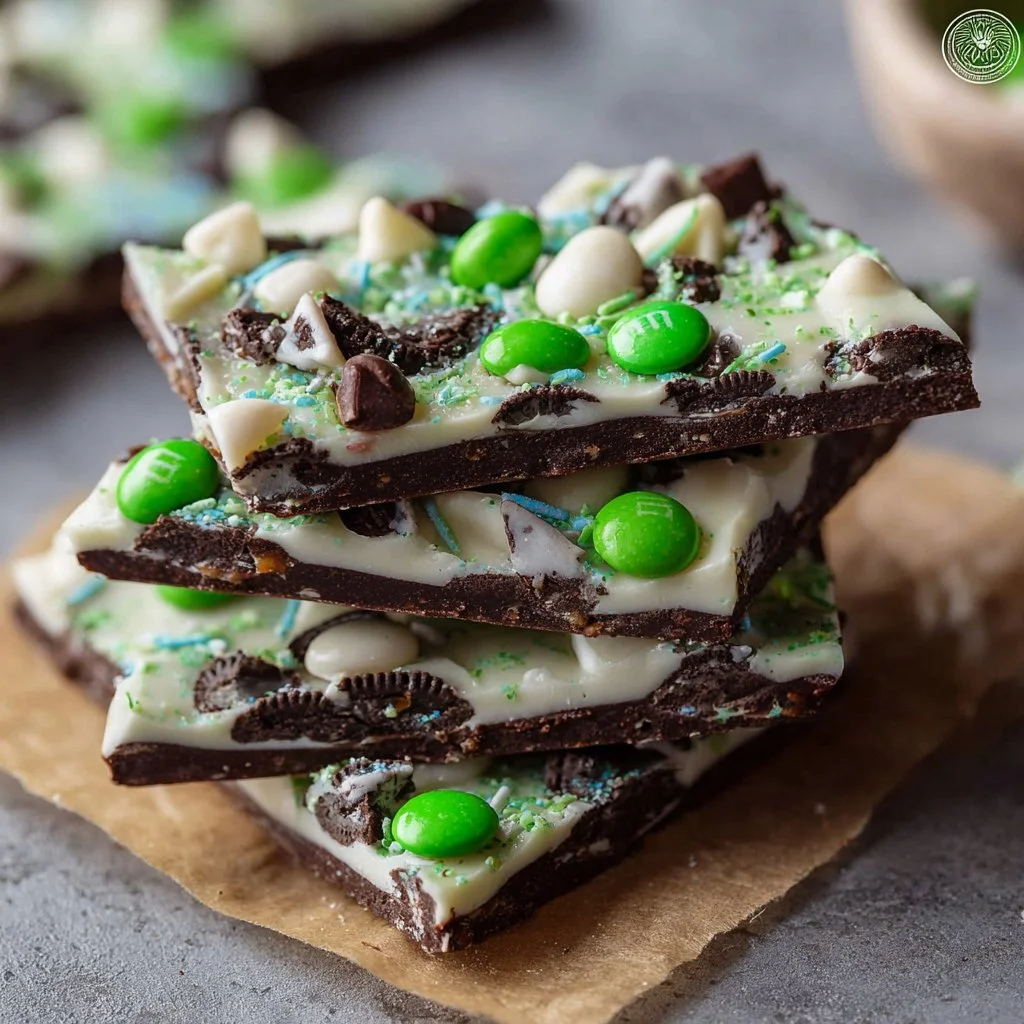 Mint Oreo Chocolate Bark with crushed Oreo pieces and mint flavor