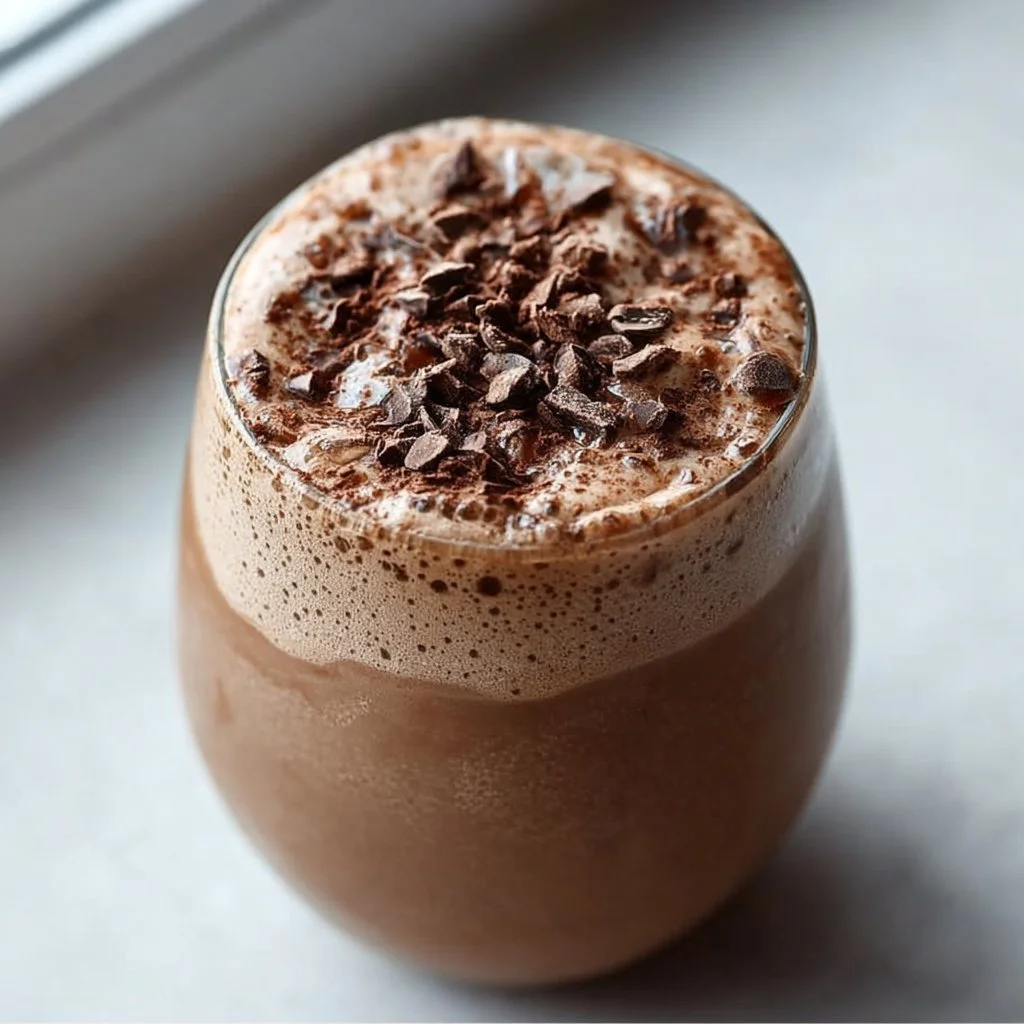 Creamy mocha protein smoothie in a glass topped with whipped cream and cocoa.