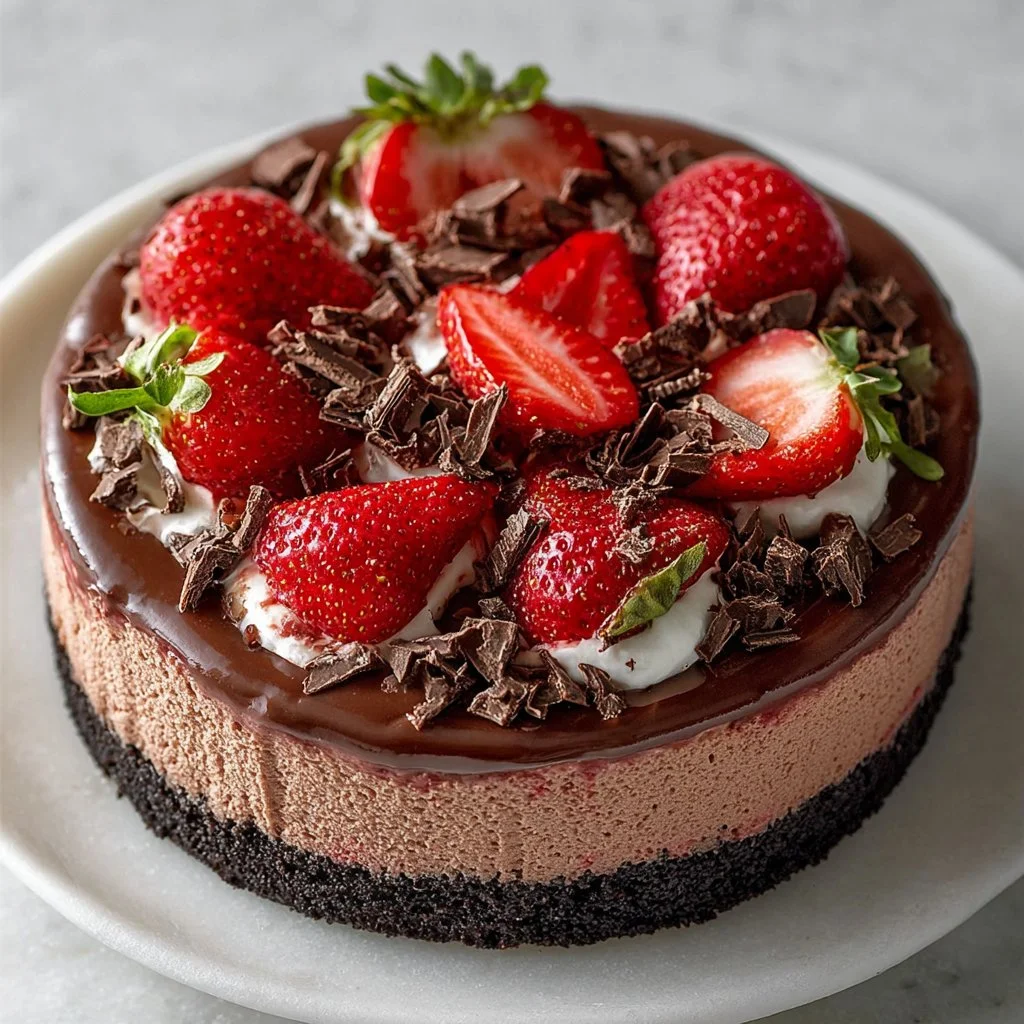 No-bake chocolate strawberry mousse cake topped with fresh strawberries
