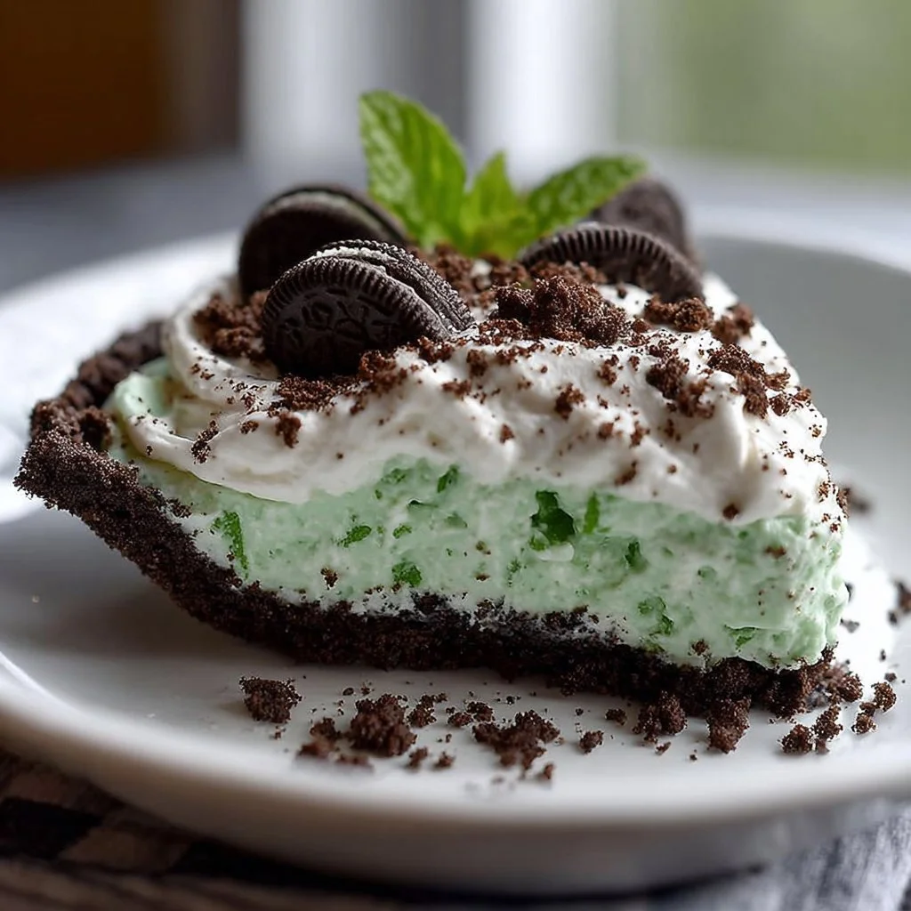 No-Bake Oreo Mint Pie with a chocolate crust and mint filling garnish