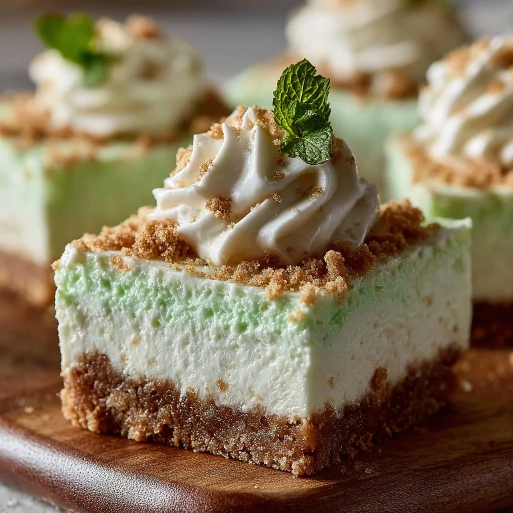No-Bake Shamrock Shake Cheesecake Bars topped with whipped cream and mint.