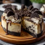 Delicious Oreo cheesecake topped with crushed Oreo cookies and chocolate sauce