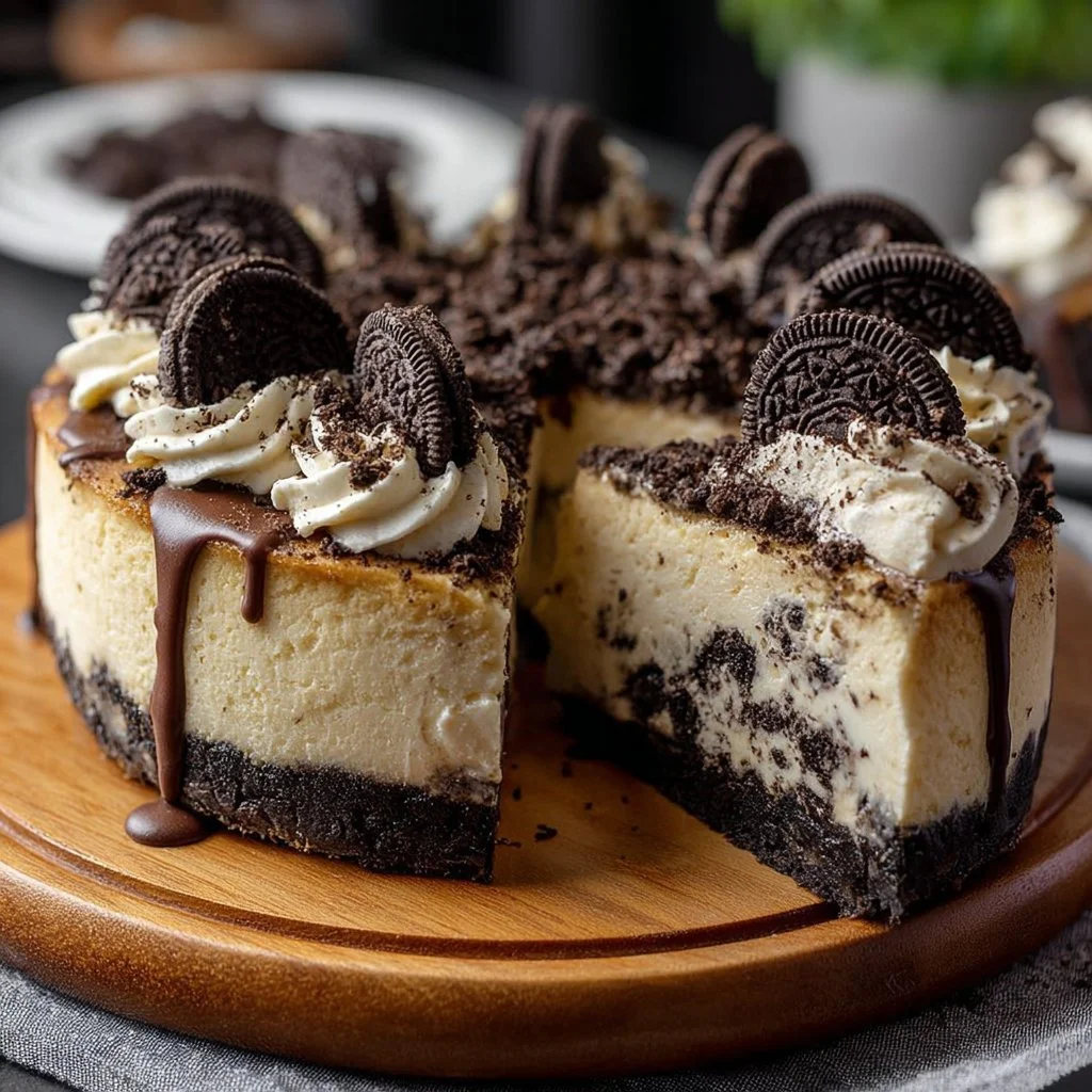 Delicious Oreo cheesecake topped with crushed Oreo cookies and chocolate sauce