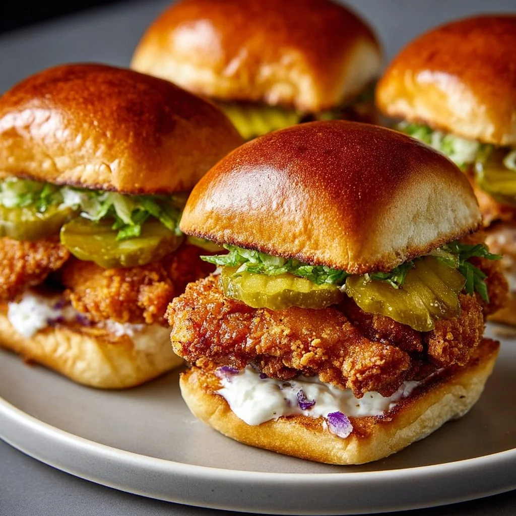 Delicious pickle-brined fried chicken sliders served with pickles and sauce