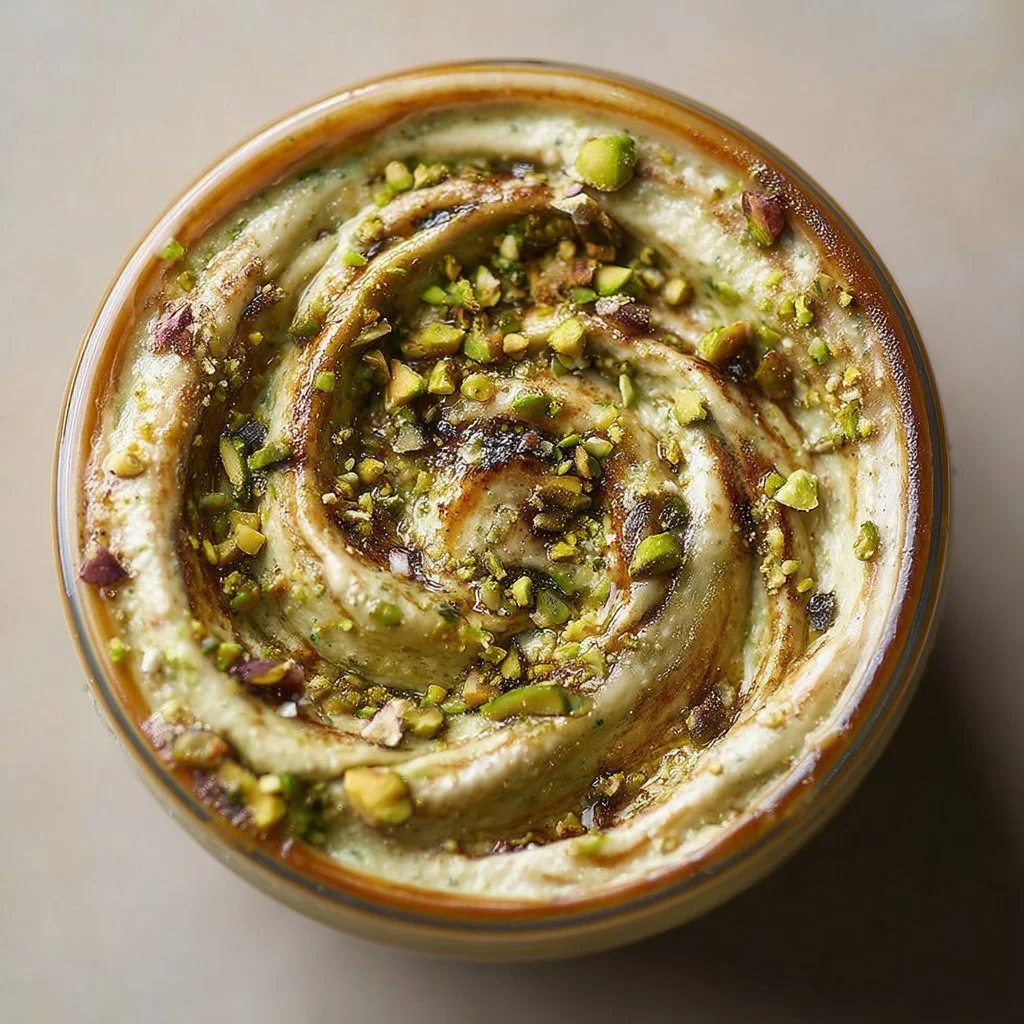 Pistachio butter and tahini swirl in a beautiful jar for a tasty spread