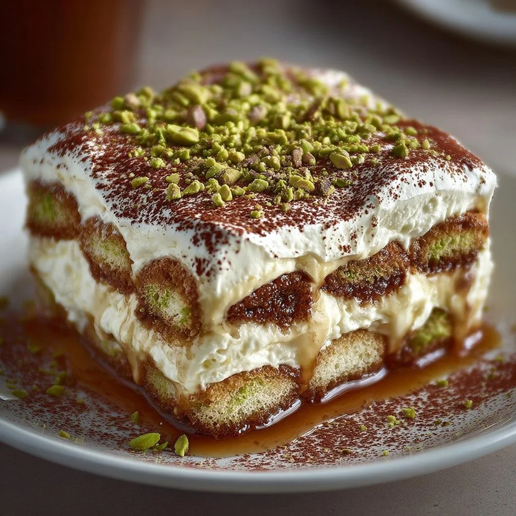 Delicious pistachio tiramisu served in a beautiful dessert dish