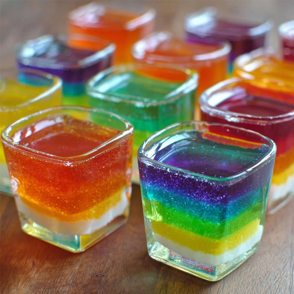 Colorful rainbow jello shots layered in clear cups for a festive party treat