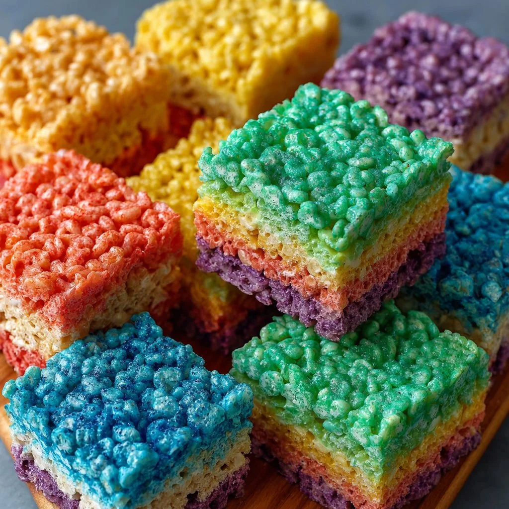 Colorful Rainbow Rice Krispie Treats arranged on a plate.