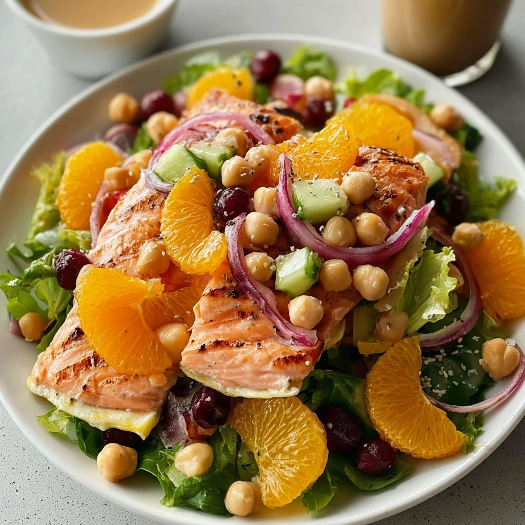 Salmon Salad with chickpeas and oranges served in a bowl