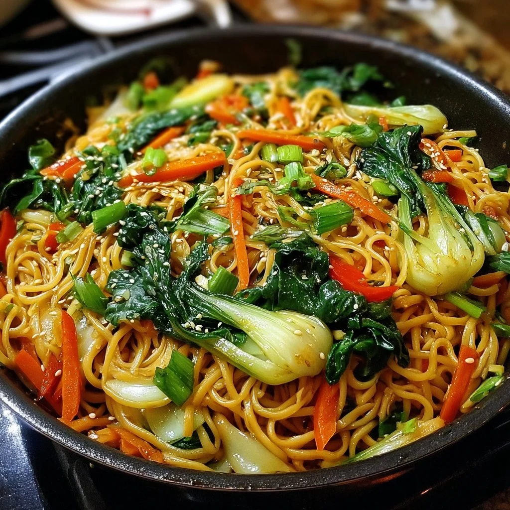 Sautéed Bok Choy and Ginger Lo Mein served in a bowl