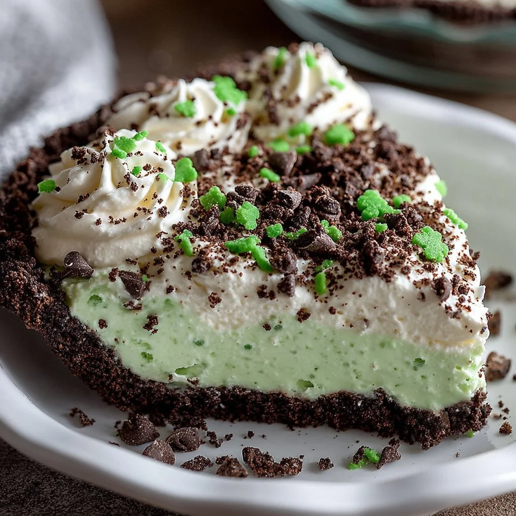 Delicious Shamrock Cream Pie topped with green whipped cream and chocolate shavings.