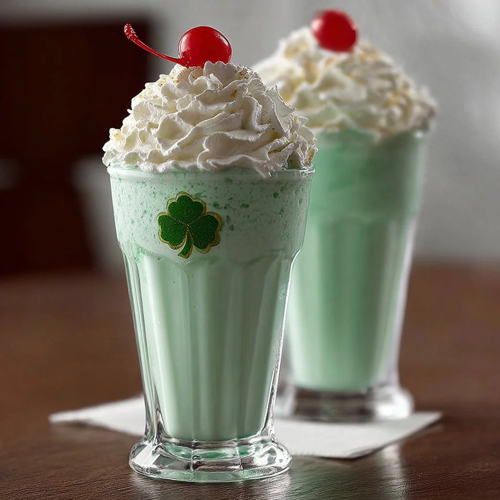 A creamy Shamrock Shake in a glass with a green mint garnish.