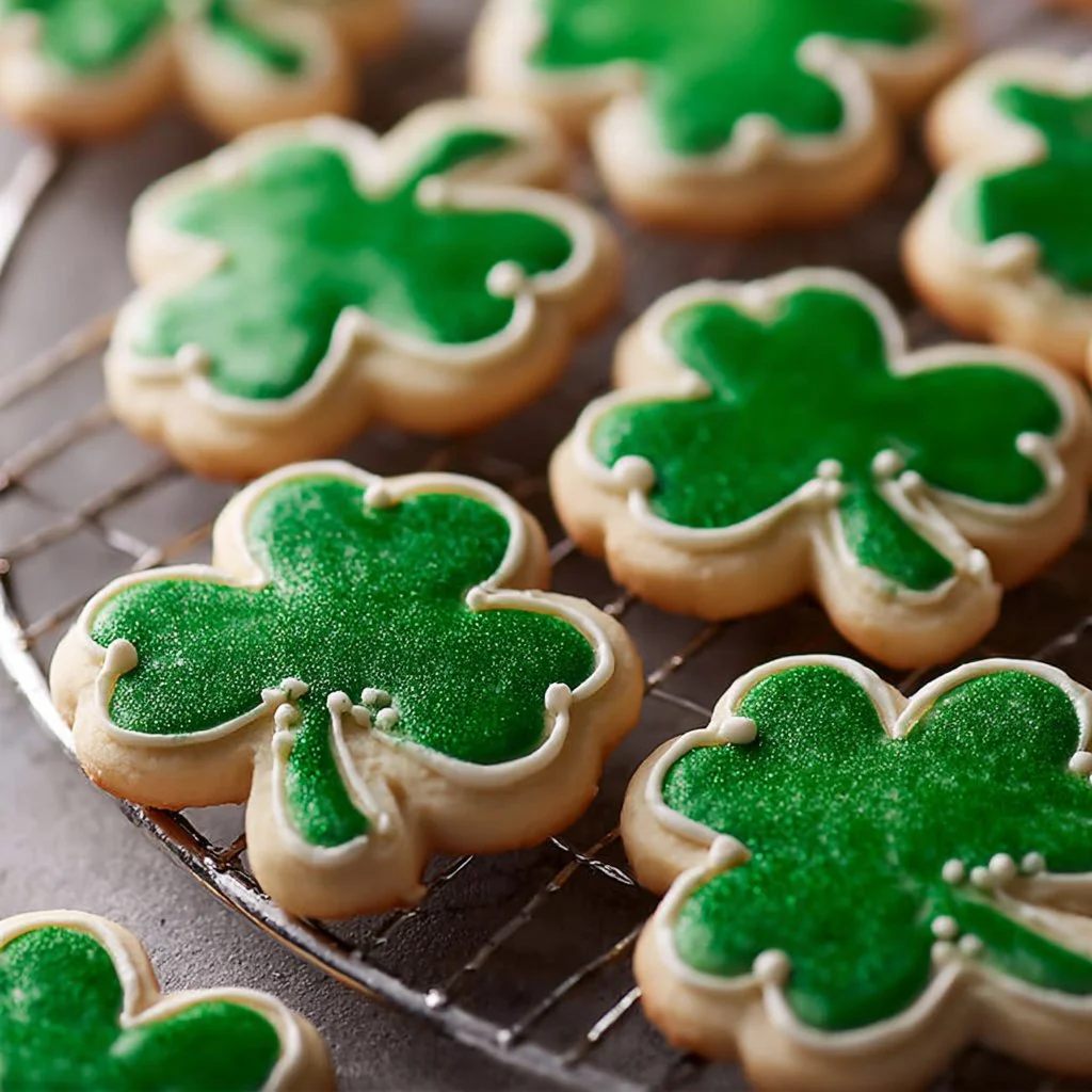 Shamrock sugar cookies decorated for St. Patrick's Day