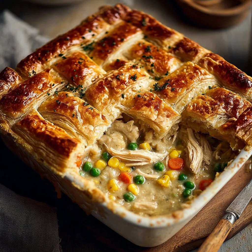 Delicious sheet-pan chicken pot pie served with flaky crust and vegetables