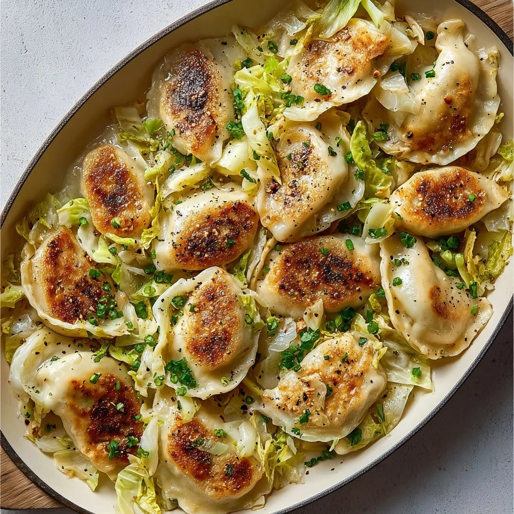 Sheet pan pierogies with sautéed cabbage on a baking sheet