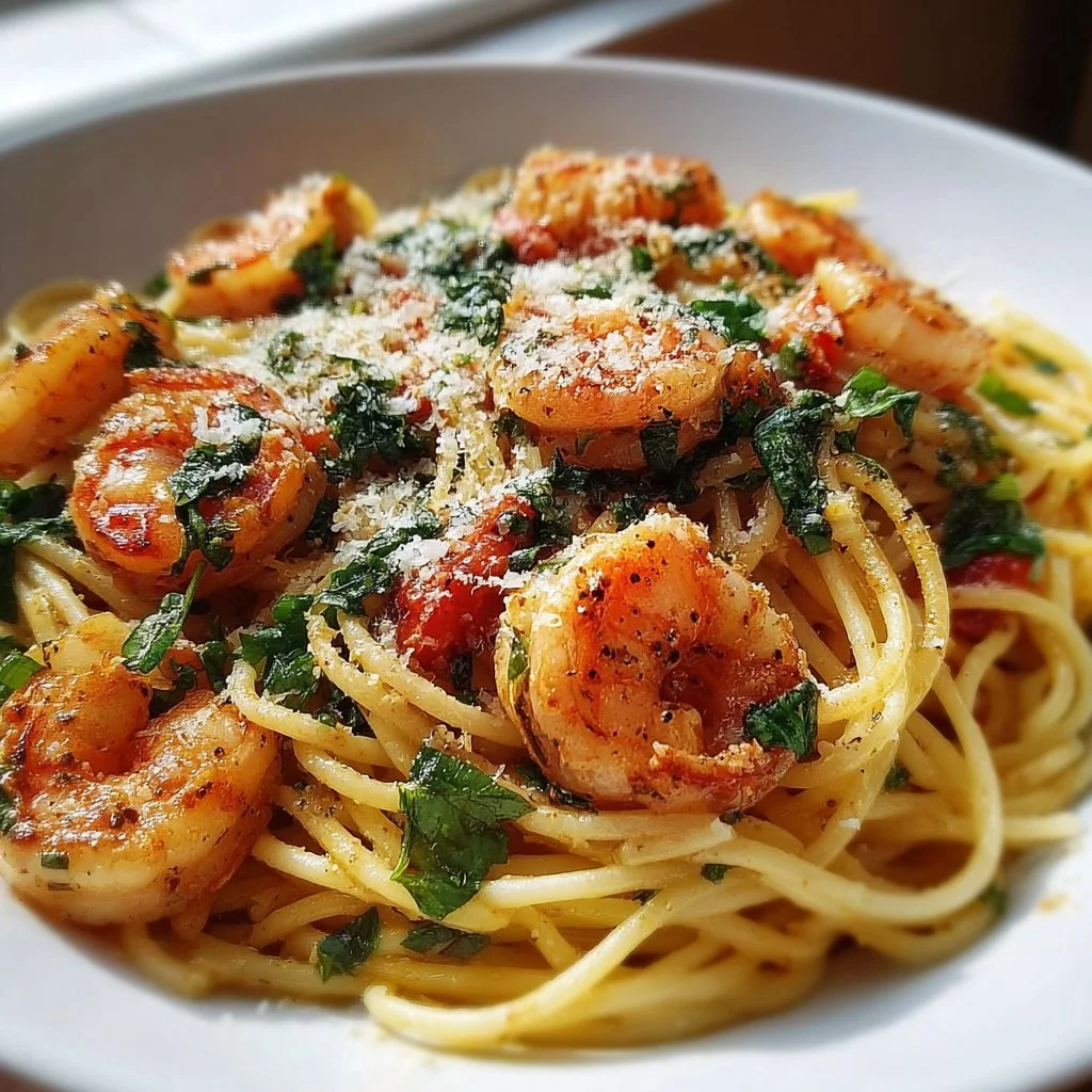 Shrimp and Basil Pasta served in a bowl