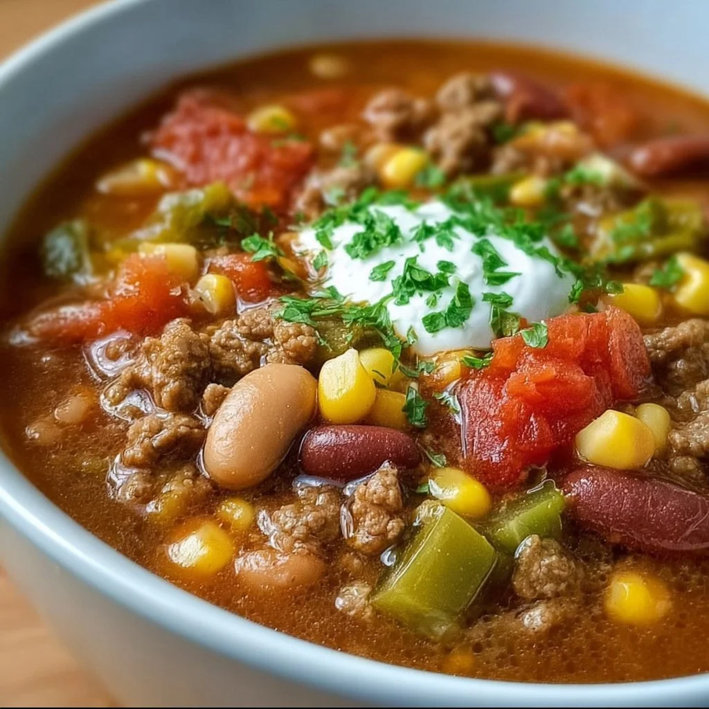 A bowl of simple and hearty taco soup topped with cheese and cilantro.
