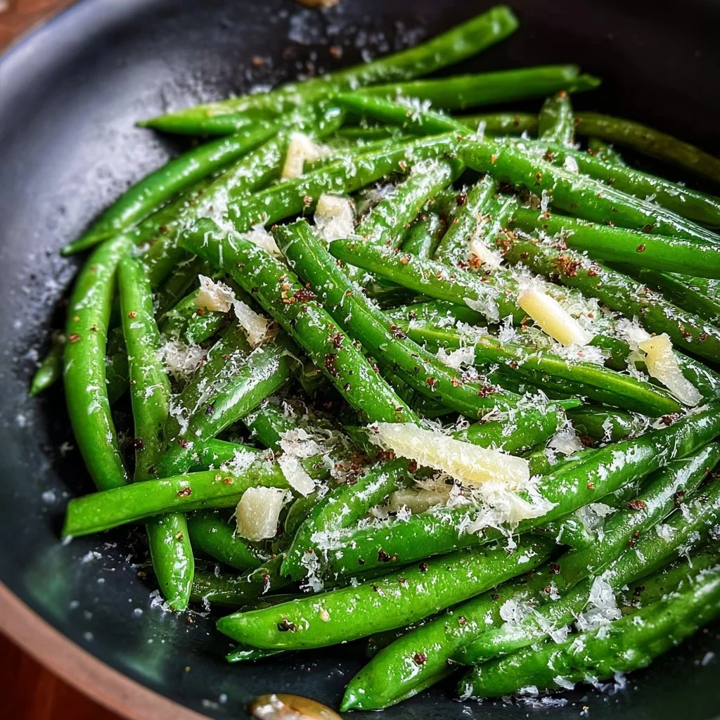 Simple Italian green beans with butter and Parmesan served on a plate