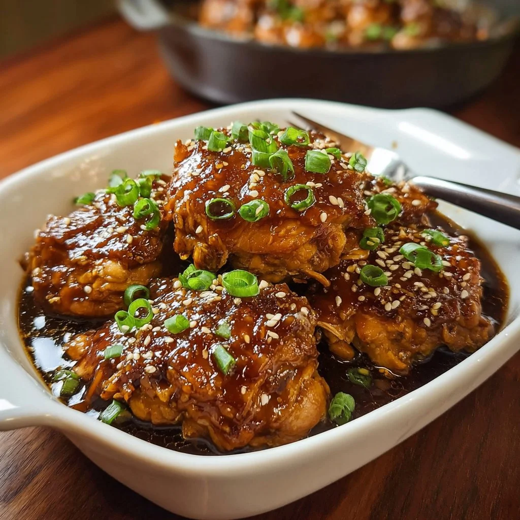 Delicious slow cooker honey garlic chicken garnished with green onions