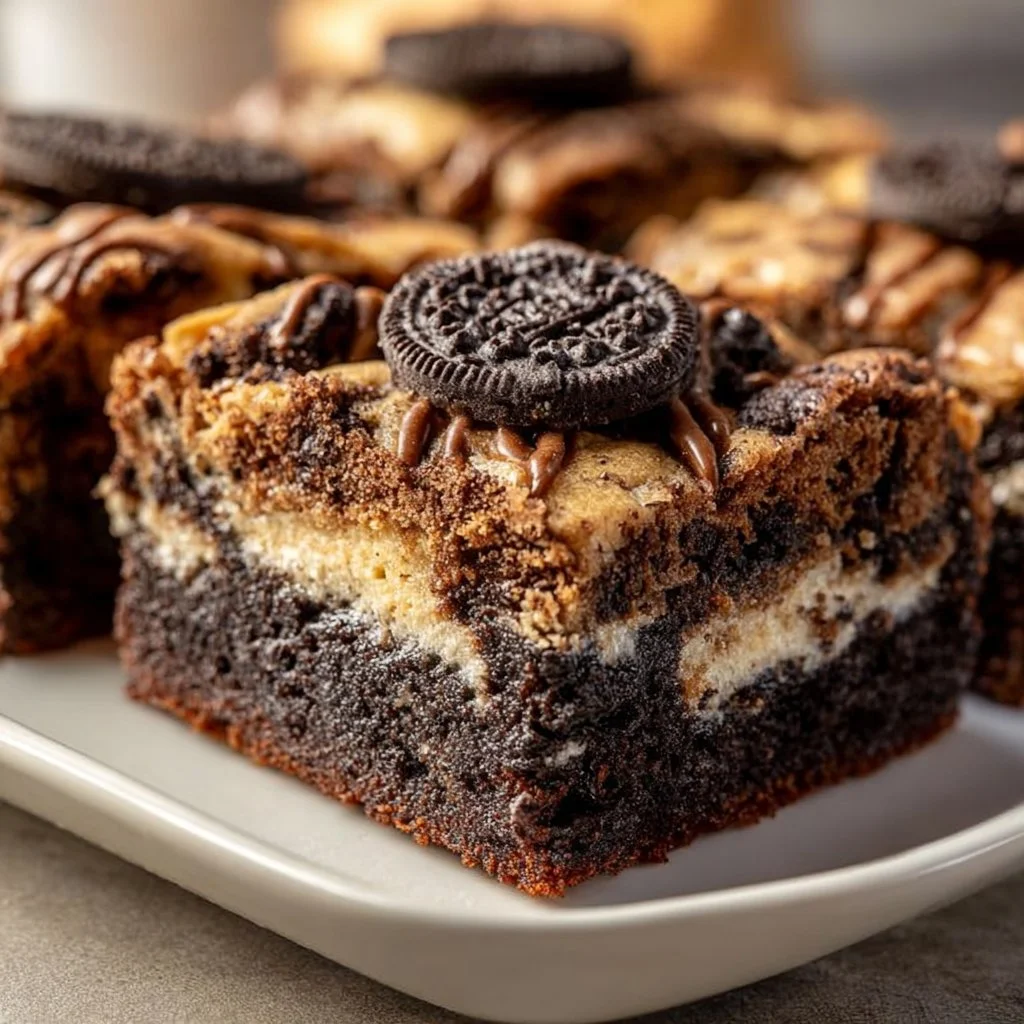 Decadent slutty brownies layered with cookie dough and Oreos.