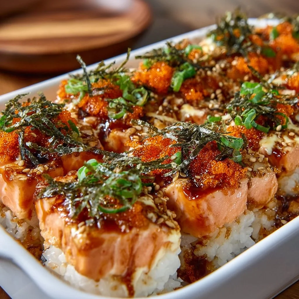 Delicious spicy salmon sushi bake served in a dish with toppings.