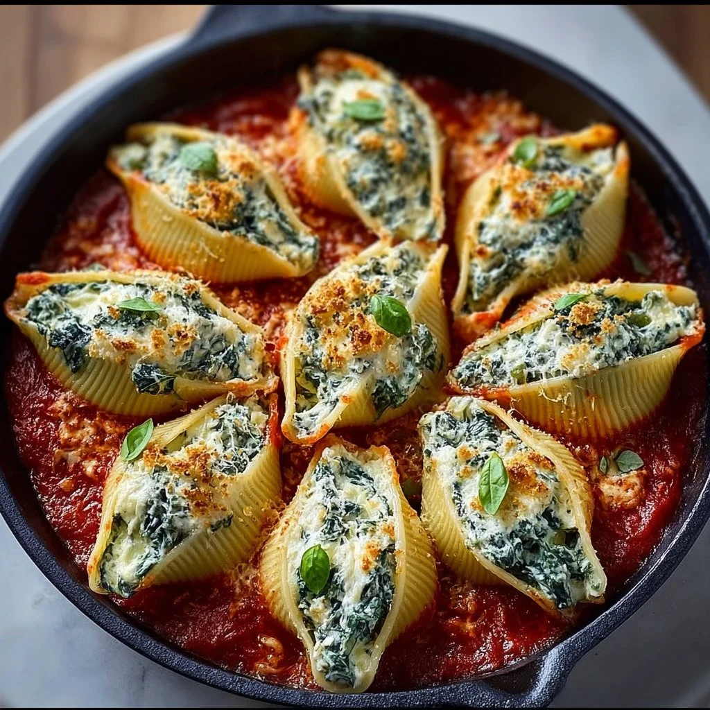 Plate of spinach and ricotta stuffed shells topped with marinara sauce and cheese