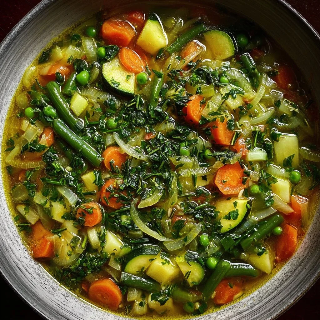 Bowl of Spring Green Minestrone with fresh vegetables and herbs
