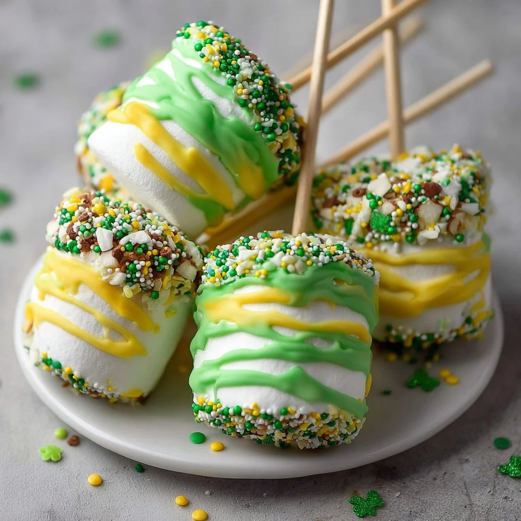 St. Patrick's Day themed Marshmallow Pops decorated with green and gold sprinkles.