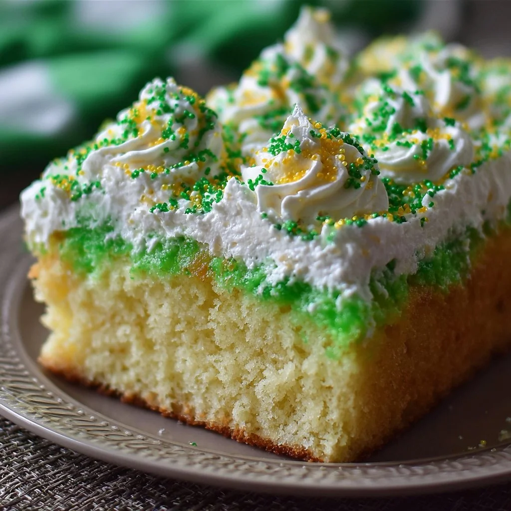St. Patrick's Day Poke Cake decorated with green frosting and festive sprinkles