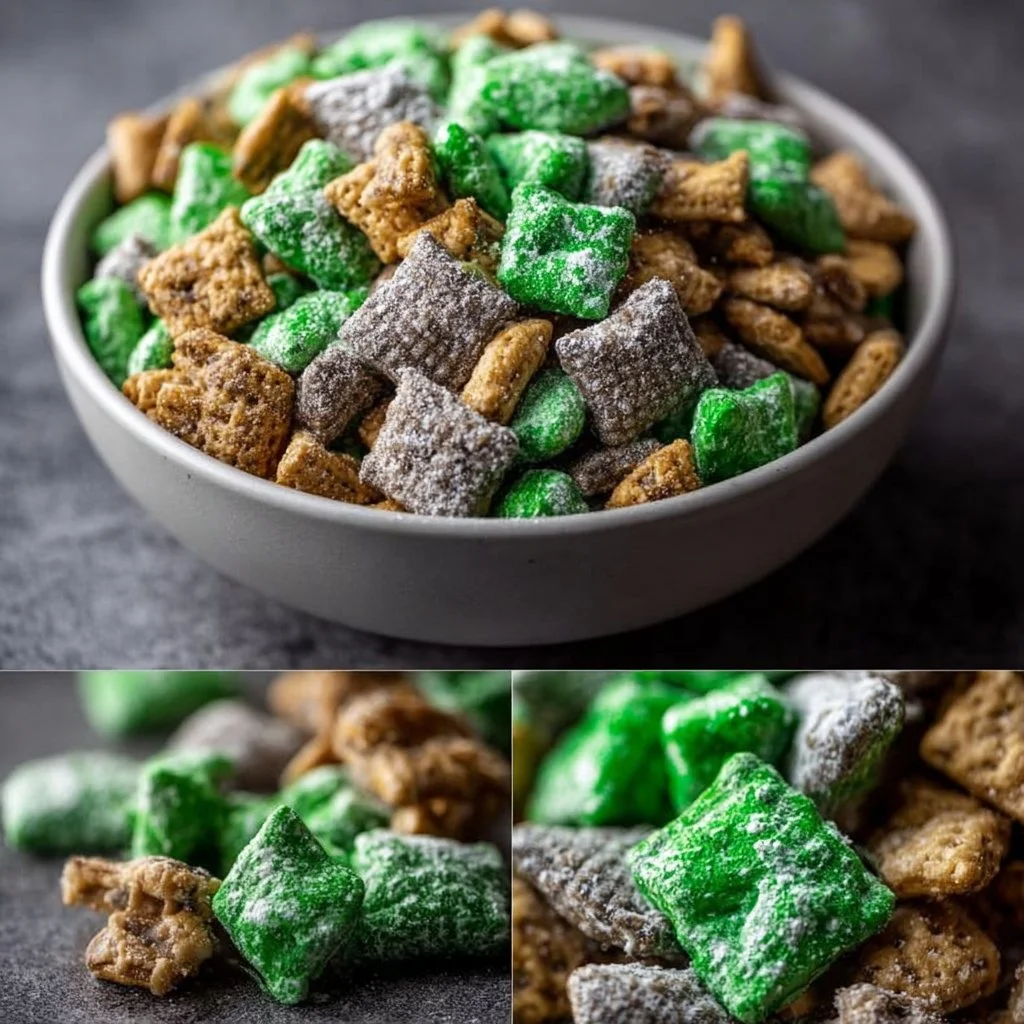 Festive St. Patrick’s Day Puppy Chow mix with green treats and decorations.
