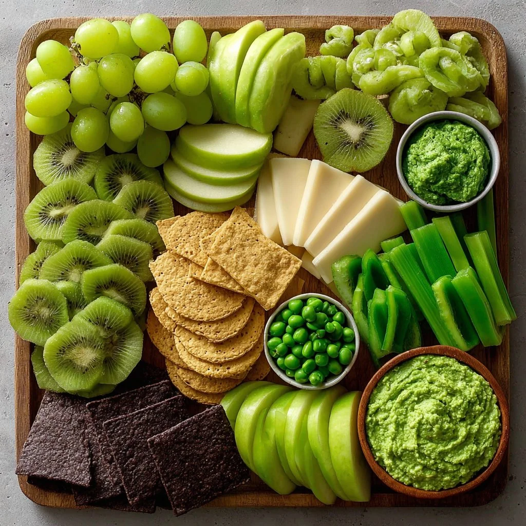 A festive St. Patrick's Day snack board filled with green treats and party foods.
