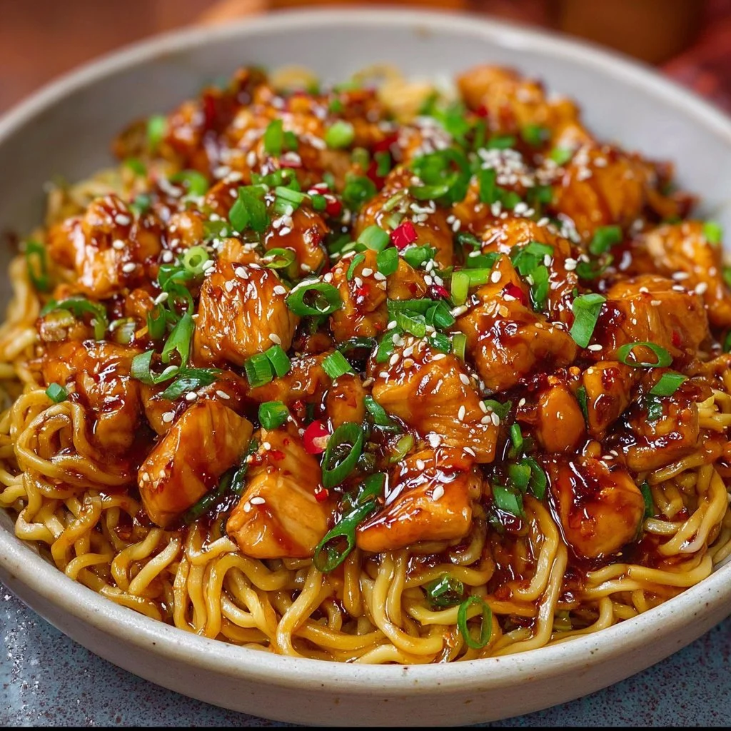 Delicious Sticky Garlic Chicken Noodles garnished with herbs