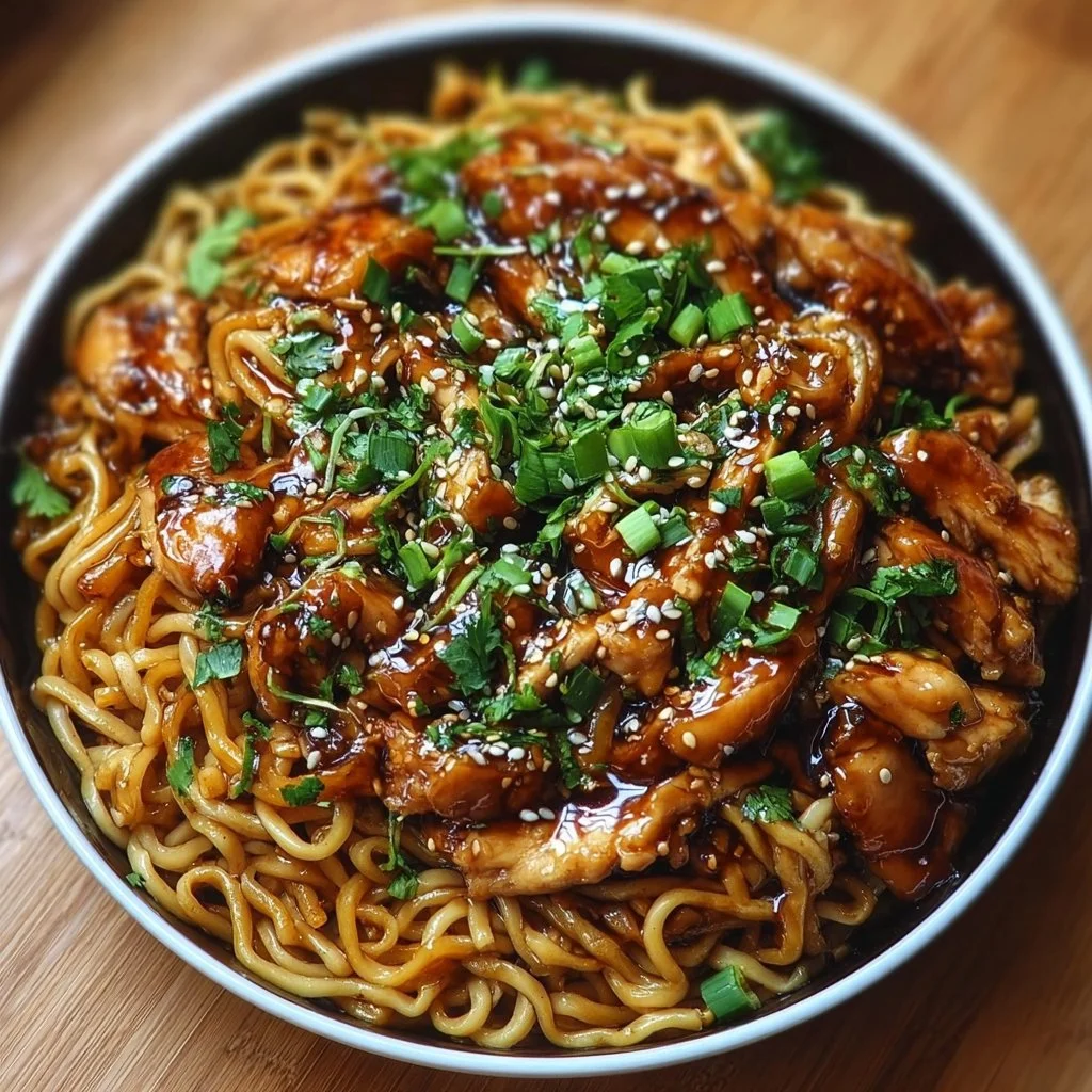 Delicious sticky garlic chicken noodles served in a bowl