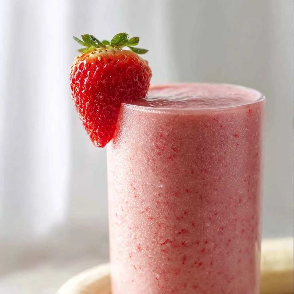 Healthy strawberry protein smoothie in a glass with fresh strawberries
