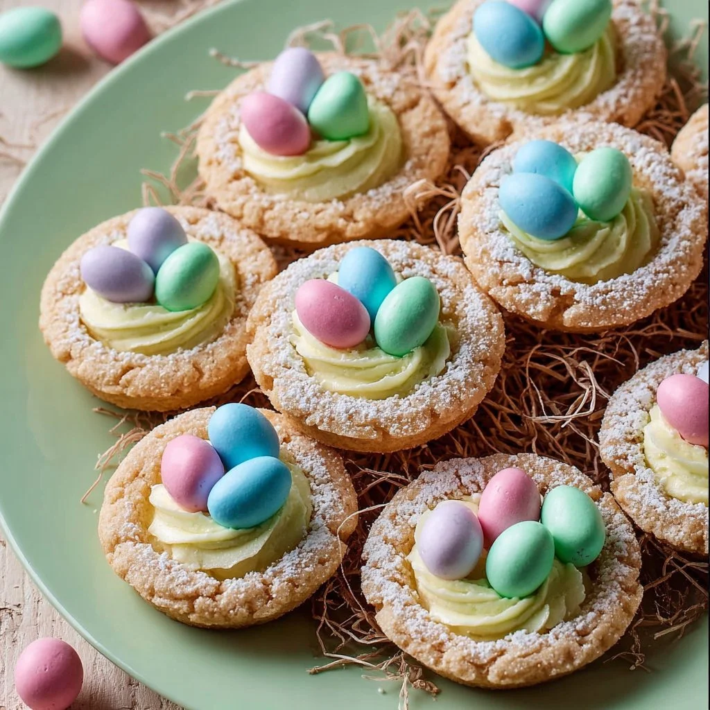 Colorful Sugar Cookie Easter Egg Nests decorated with candy on a festive table.