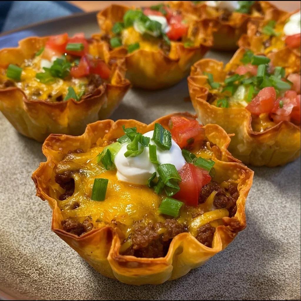 Savory taco cups filled with ground beef, cheese, and toppings.