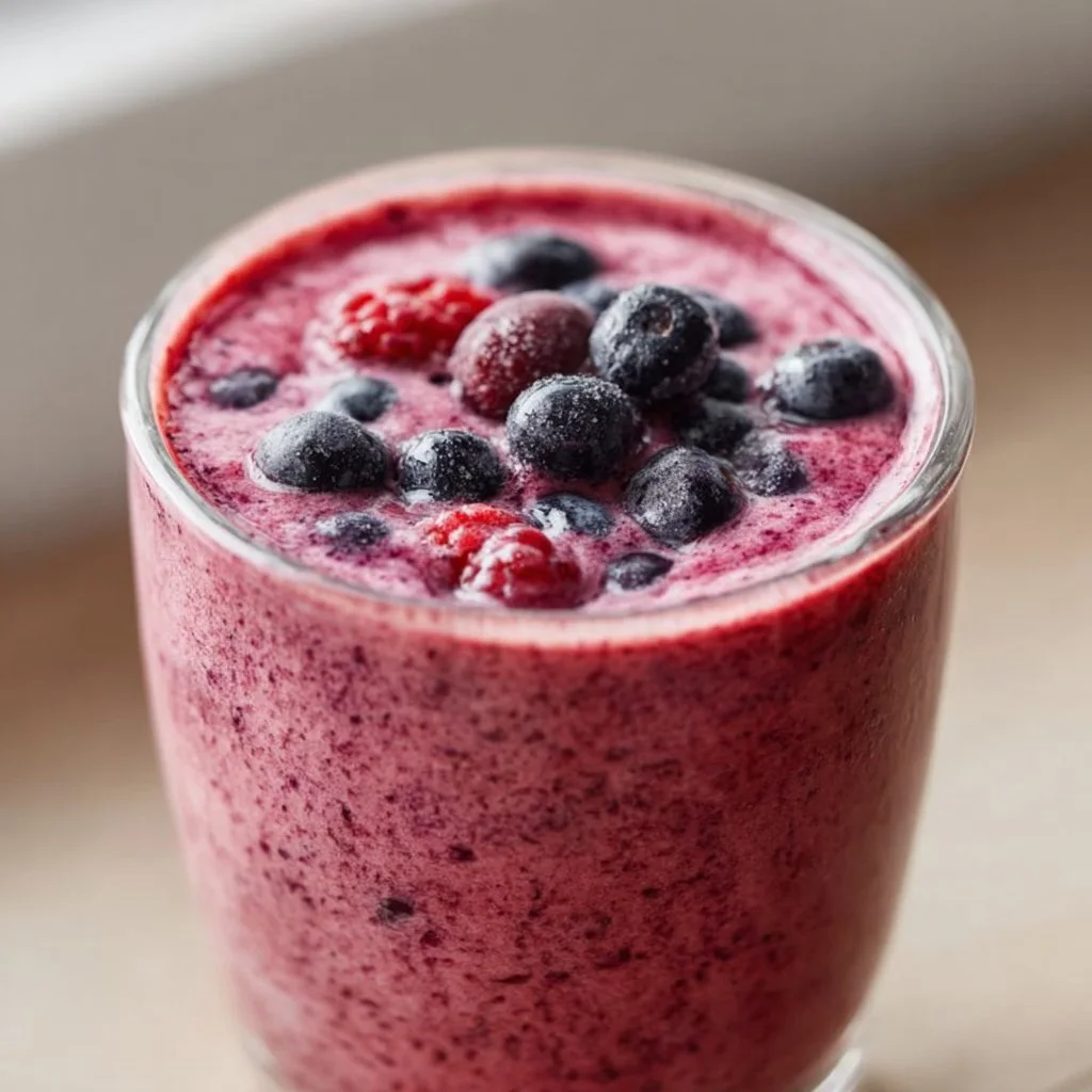 Delicious vanilla berry high-protein smoothie in a glass