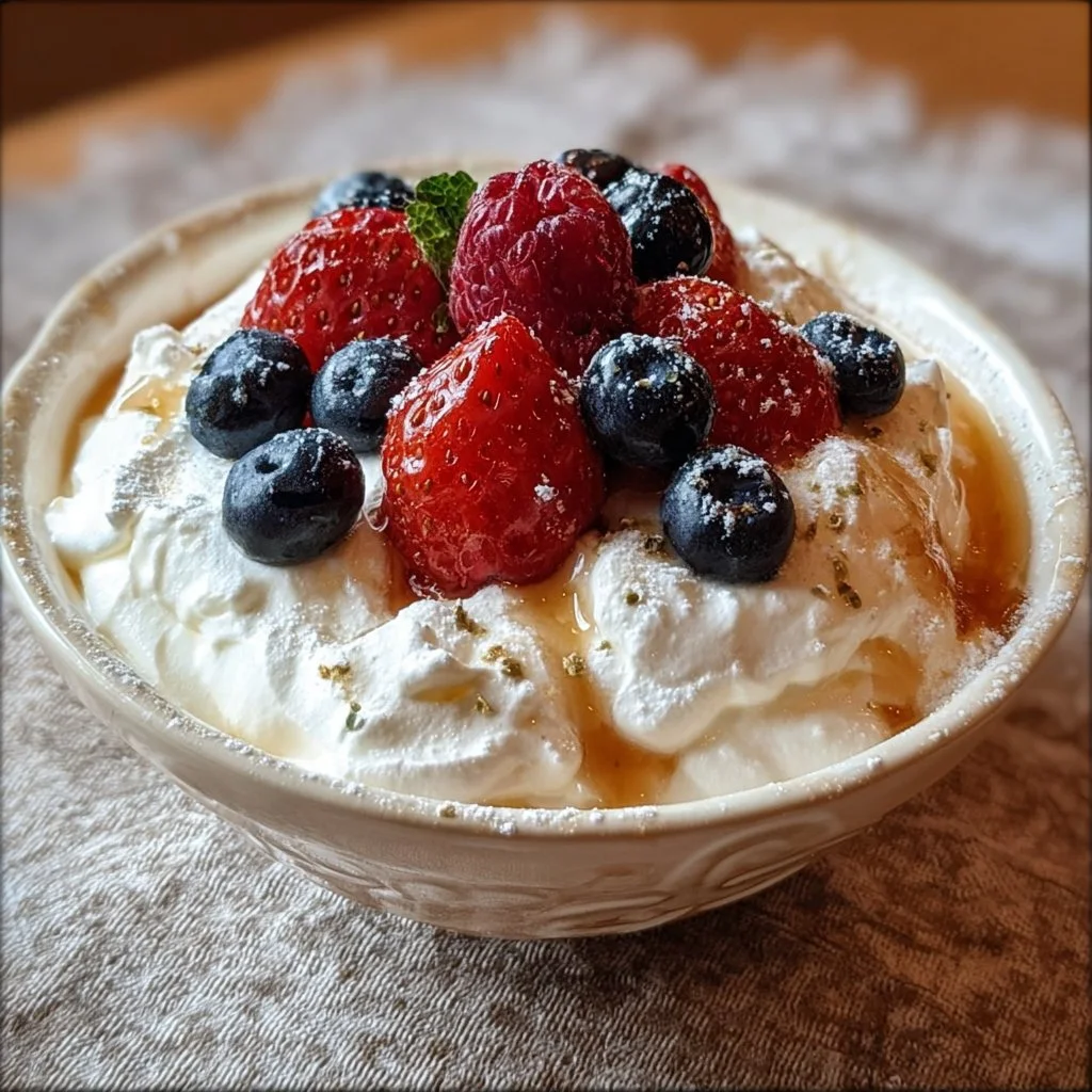 Delicious and fluffy whipped cottage cheese mousse served in a bowl