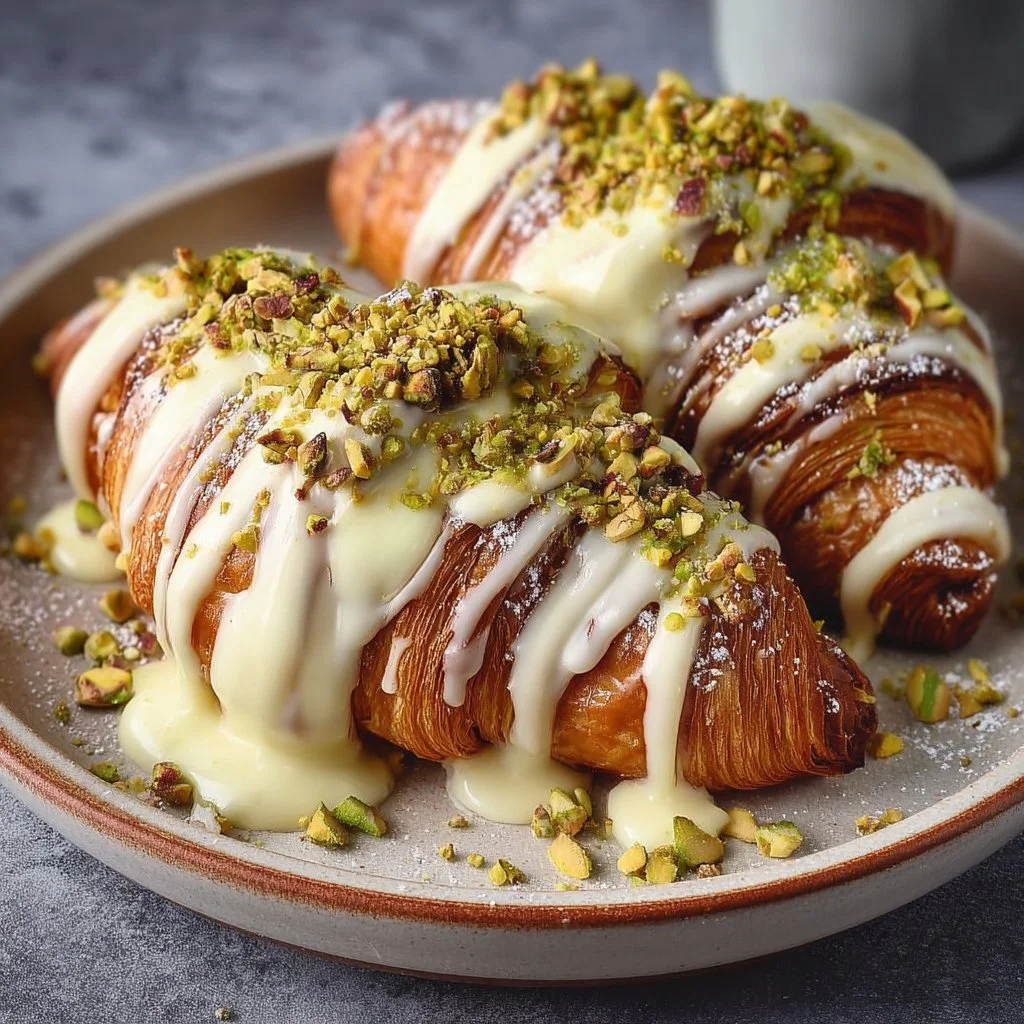 Delicious white chocolate drip over a dessert with roasted pistachios